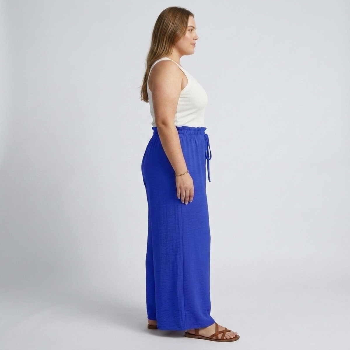 Pantalon large grande taille pour femme à taille élastique et cordon