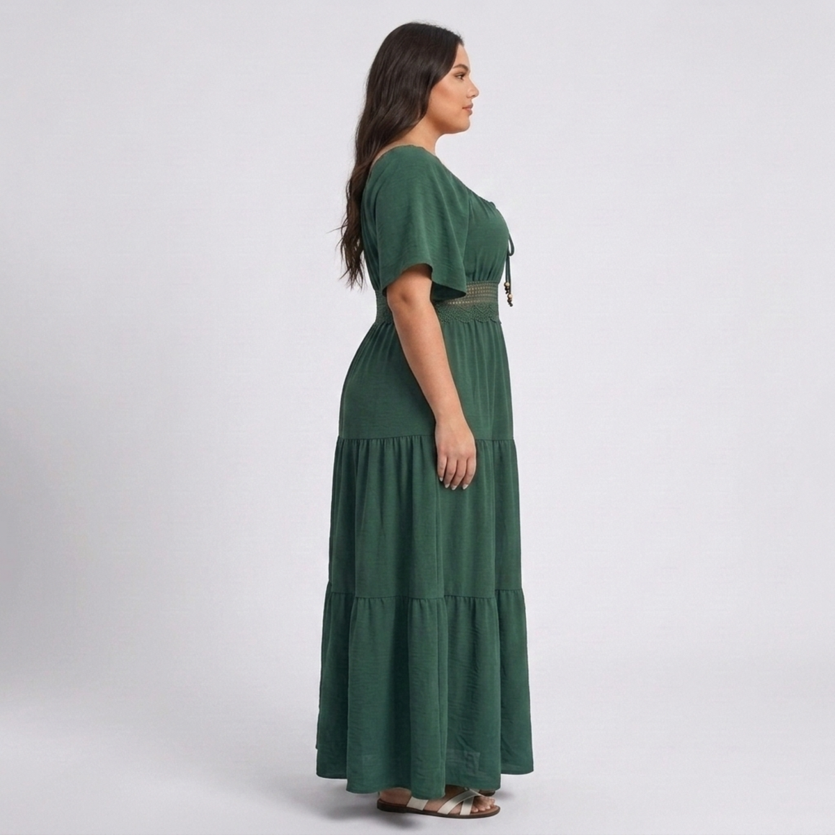 Robe longue grande taille imprimée champêtre à col carré et manches papillon