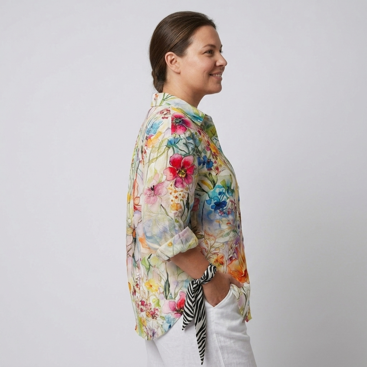 Blouse grande taille imprimé floral à manches longues pour femme