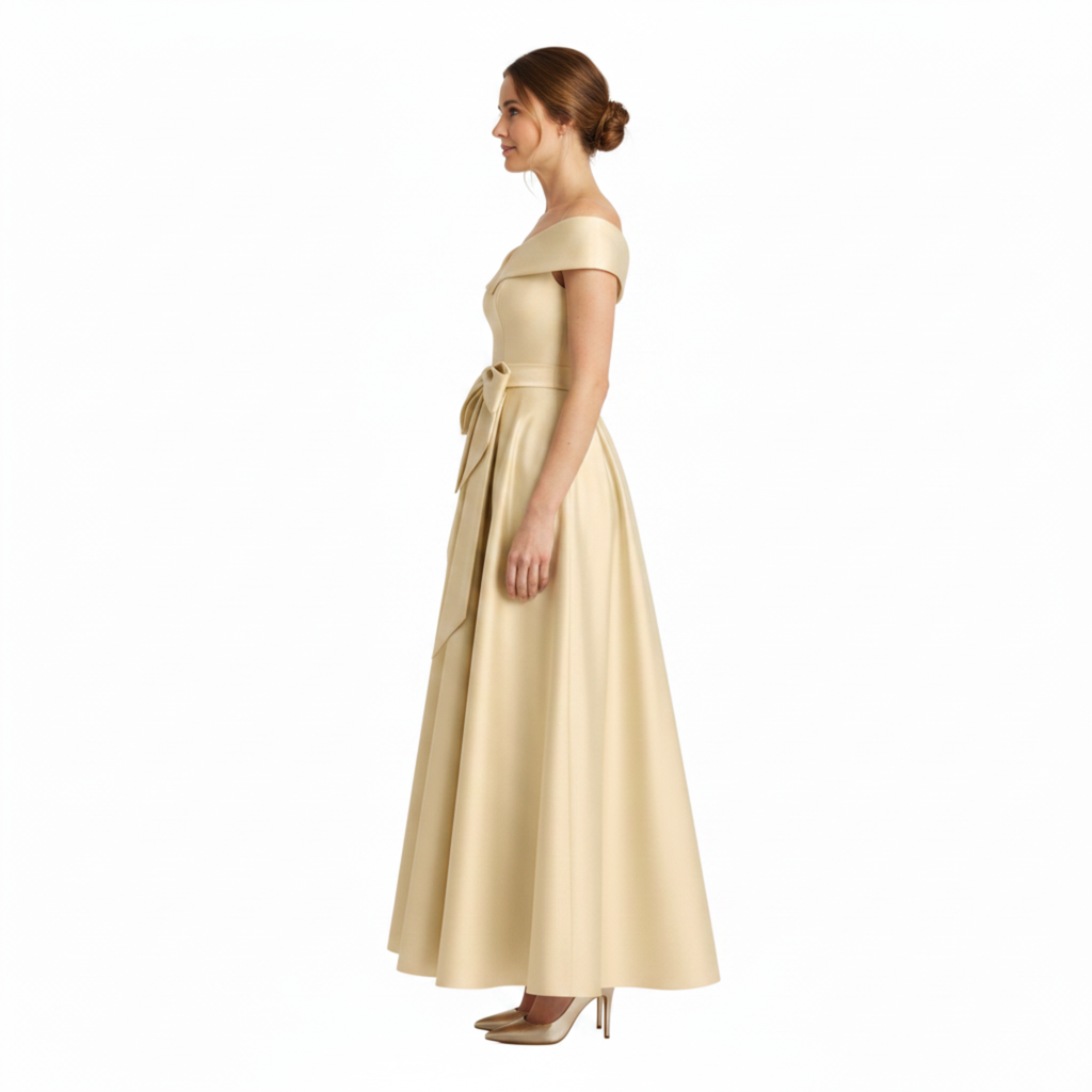Robe Invitée de Mariage Midi Évasée à Épaules Dénudées avec Nœud à la Taille