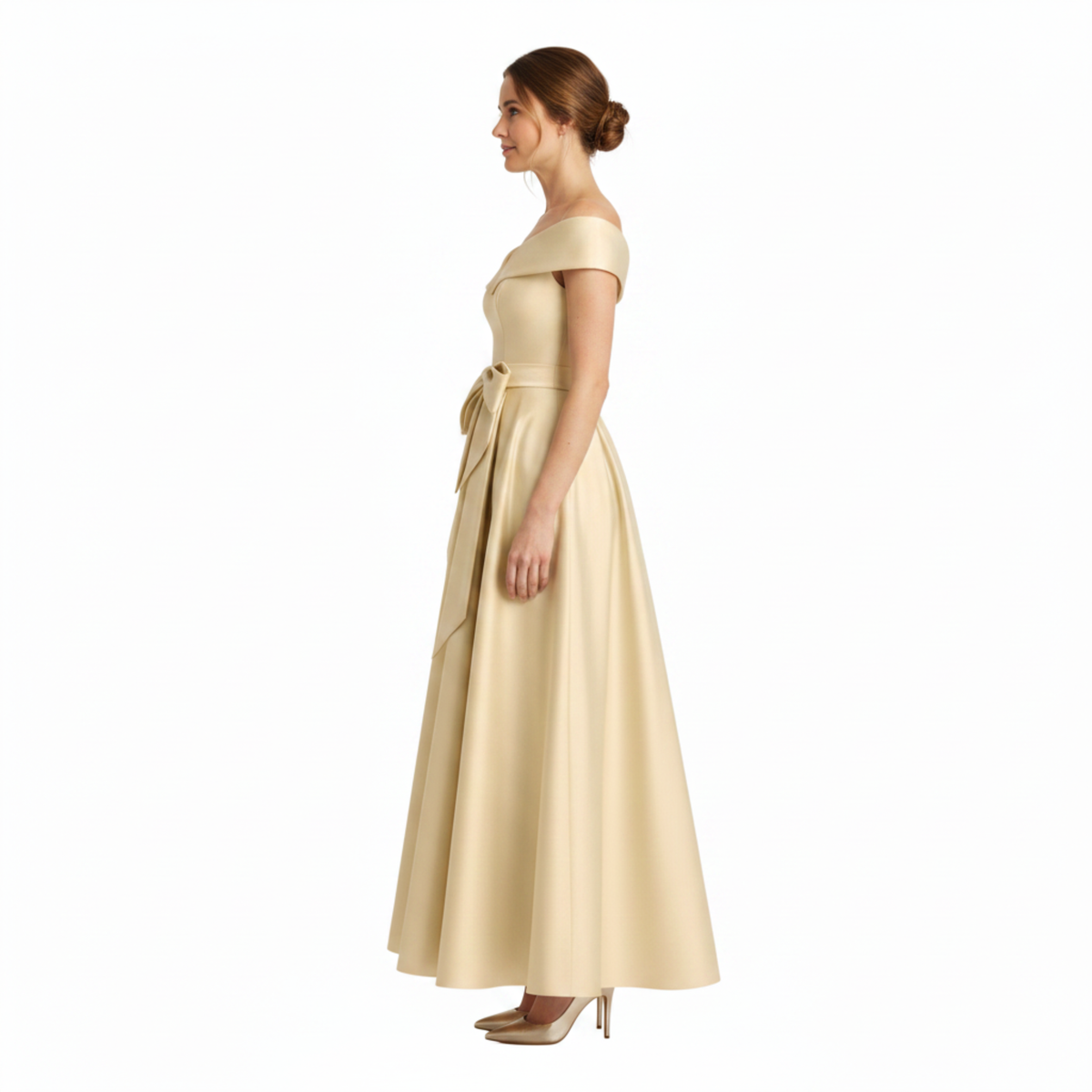Robe Invitée de Mariage Midi Évasée à Épaules Dénudées avec Nœud à la Taille