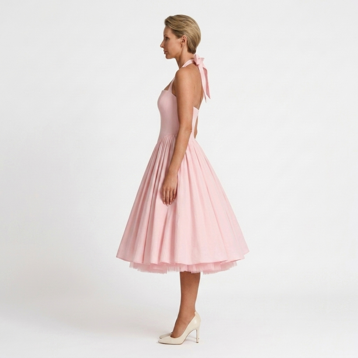 Robe midi femme halter — dos nu et jupe ample — mariage et cérémonie