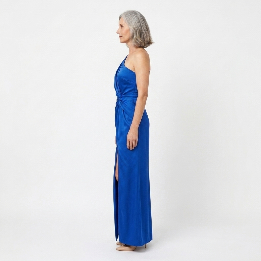 Robe longue femme — satin asymétrique à épaule dénudée | soirée de mariage