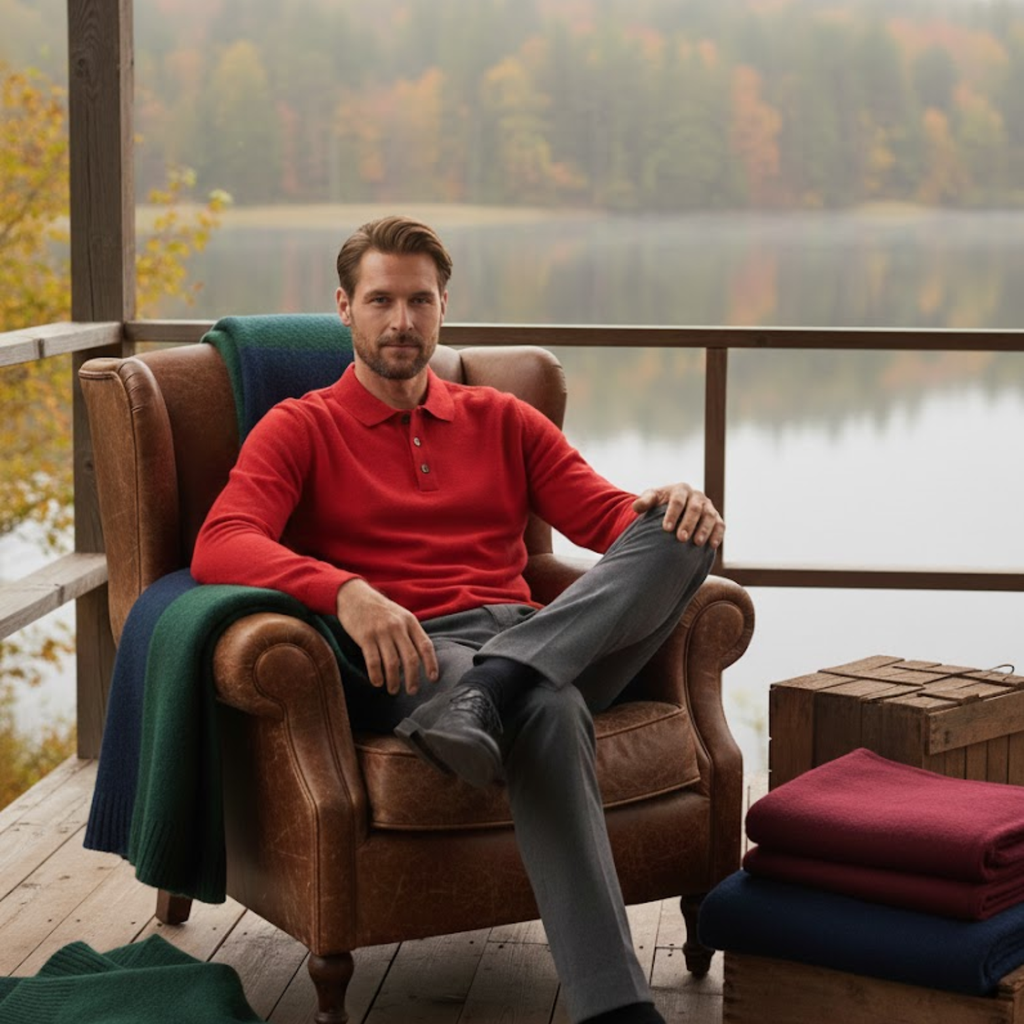Polo homme 100% laine mérinos à manches longues et col boutonné coupe décontractée