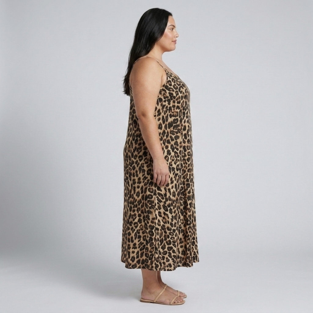 Robe longue grande taille pour femme à bretelles imprimé léopard
