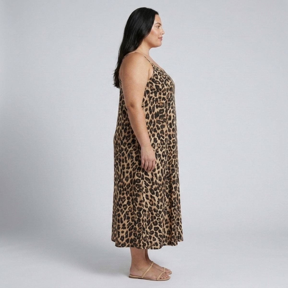Robe longue grande taille pour femme à bretelles imprimé léopard