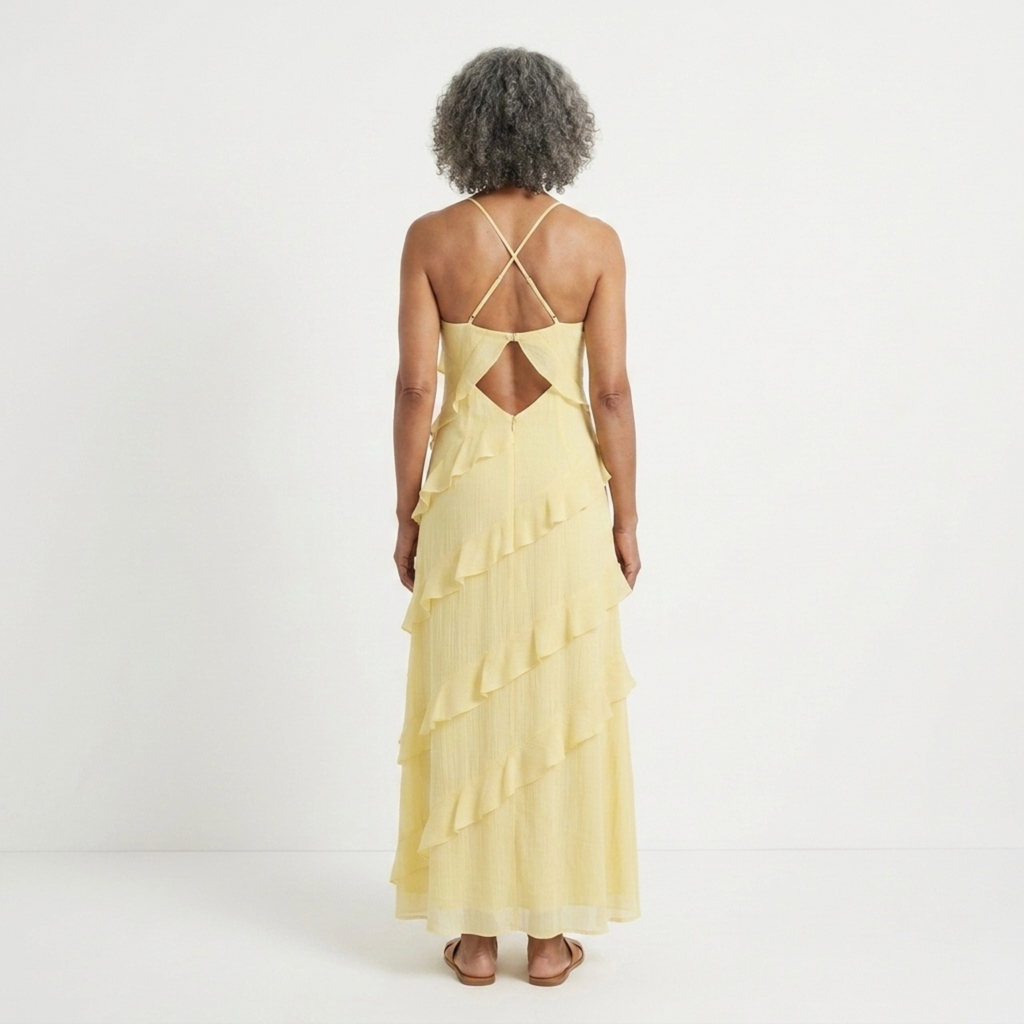Robe longue à étages femme — col licou V pour soirée et fête — vacances