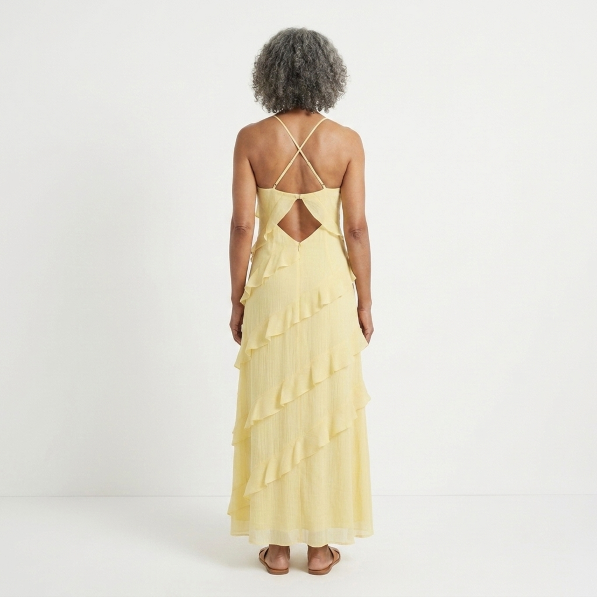 Robe longue à étages femme — col licou V pour soirée et fête — vacances