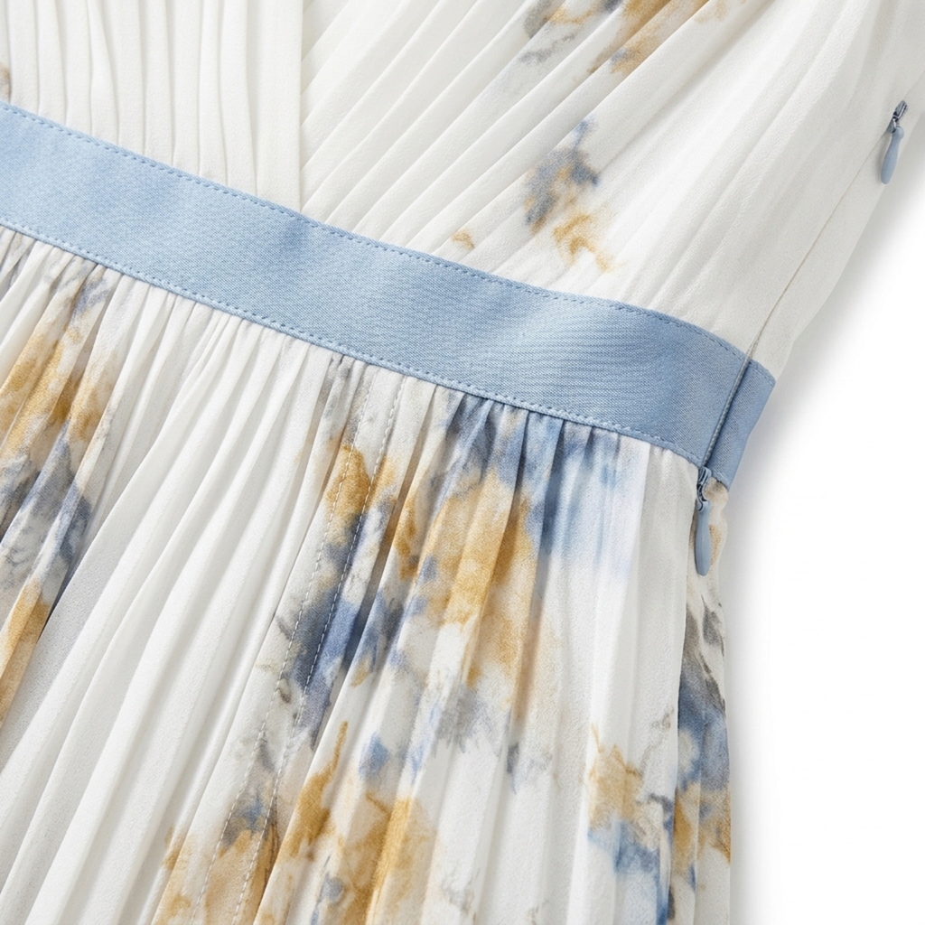 Robe fleurie mi-longue — col v et jupe à plis avec poches — vacances