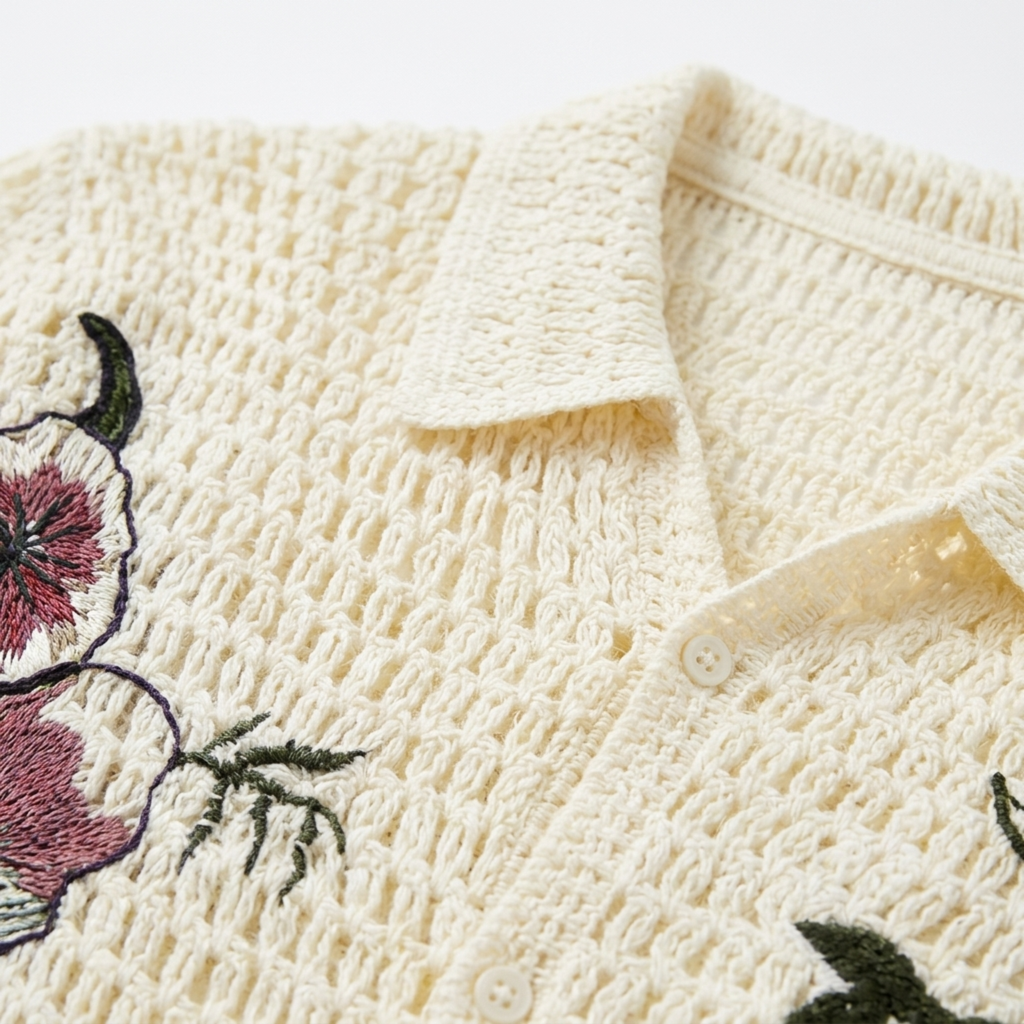 Polo crocheté homme — broderie botanique — style resort estival
