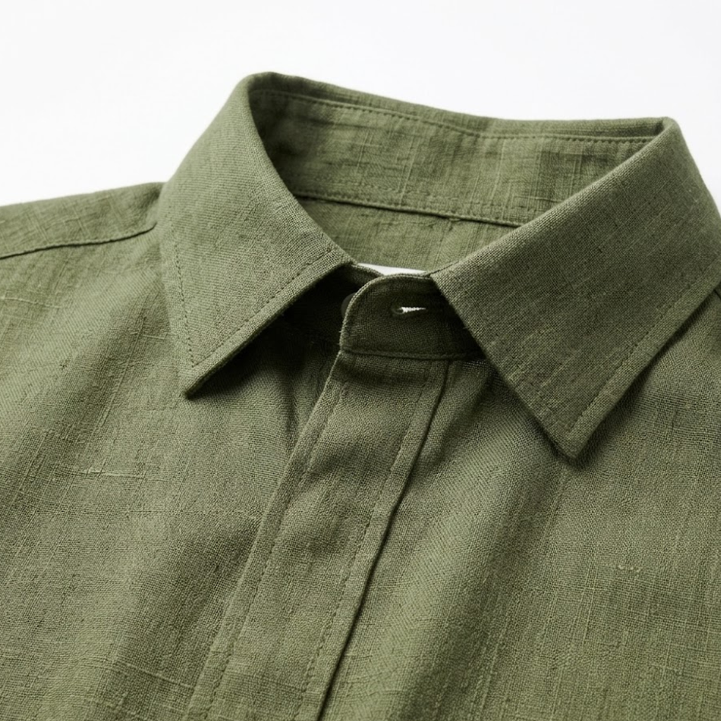 Chemise en Coton et Lin à Manches Courtes avec Col Rabattu pour Homme