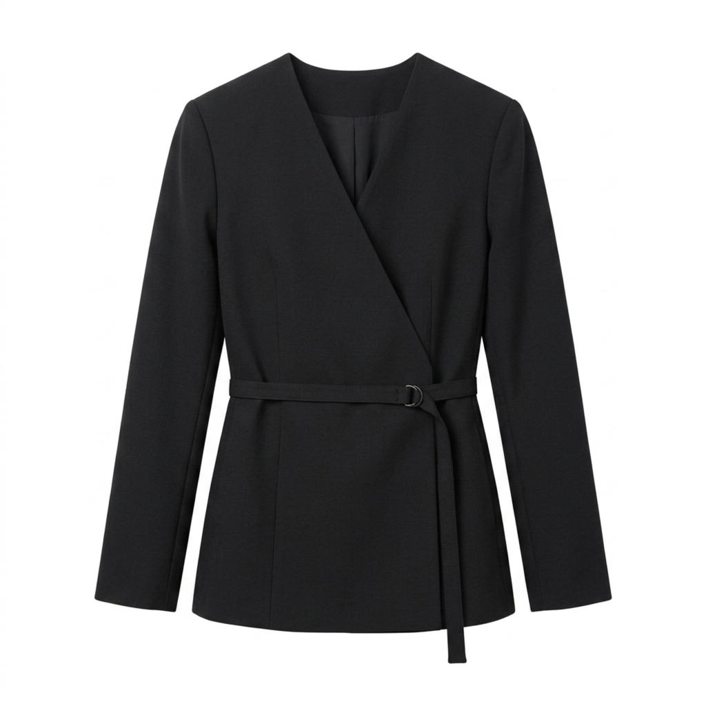 Blazer en Polyester Femme – Col V et Ceinture Coupe Ajustée Élégante