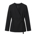 Blazer en Polyester Femme – Col V et Ceinture Coupe Ajustée Élégante