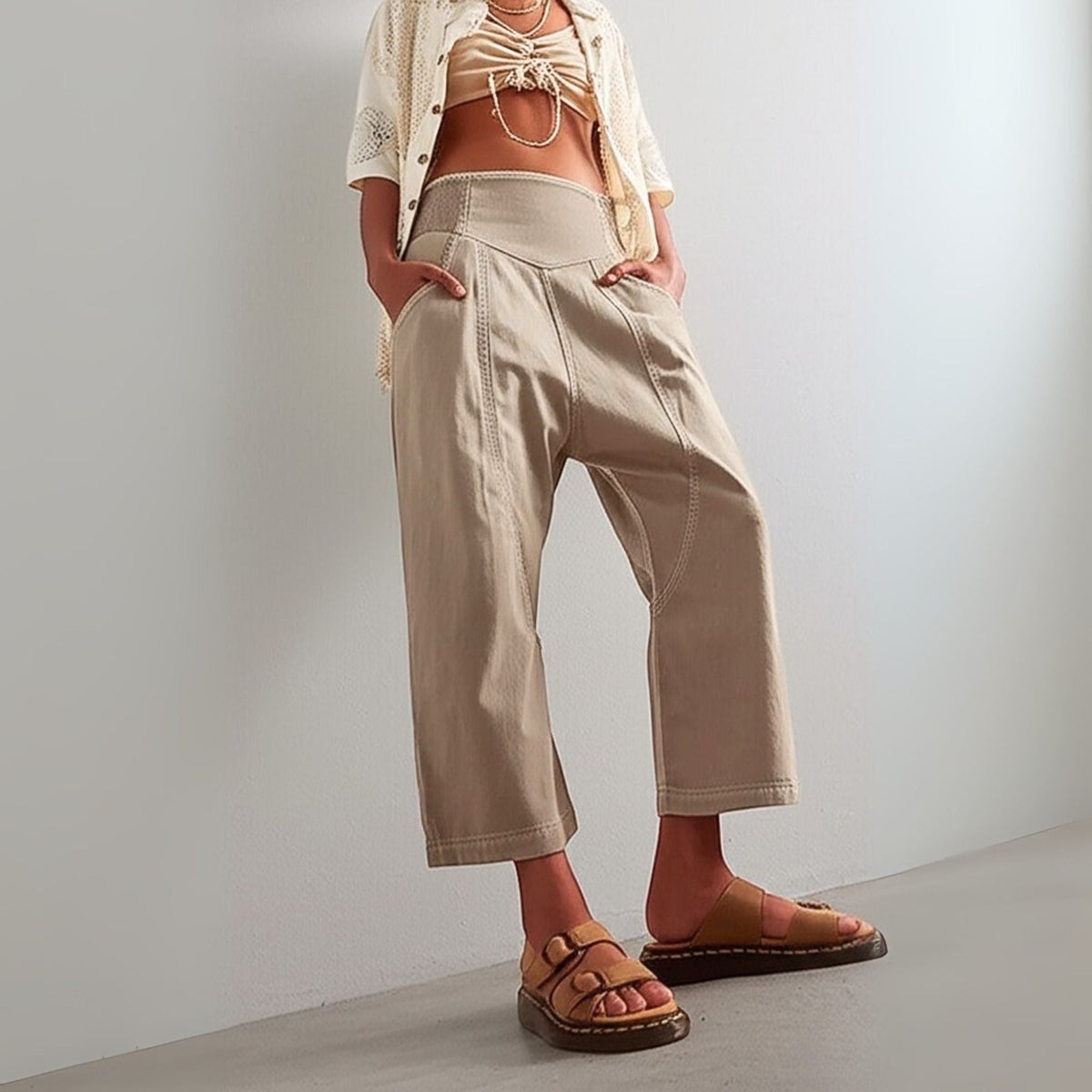 Pantalon en Coton et Lin Femme – Jambe Large et Ceinture Élastique