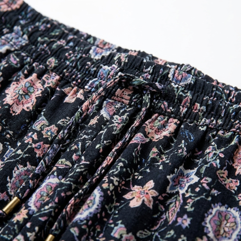 Jupe maxi longue fleurie — taille haute à lacets — tenue de plage