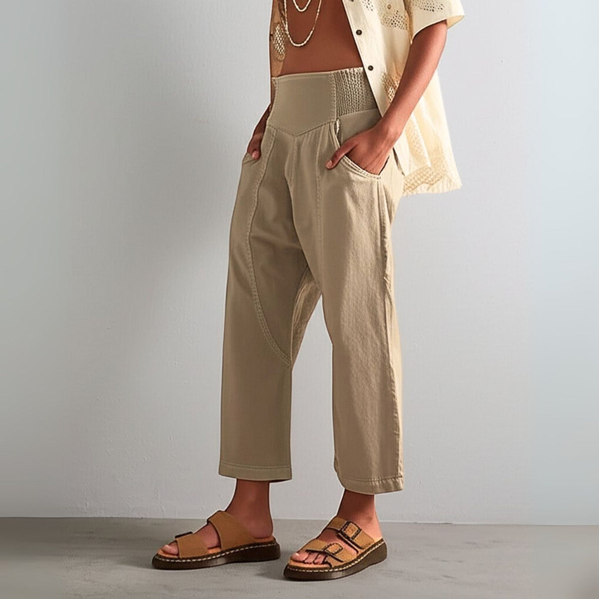 Pantalon en Coton et Lin Femme – Jambe Large et Ceinture Élastique