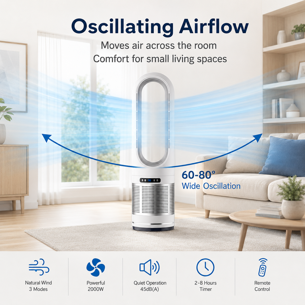 Vertical Bladeless Fan with Remote Control, Oscillation, and Timer