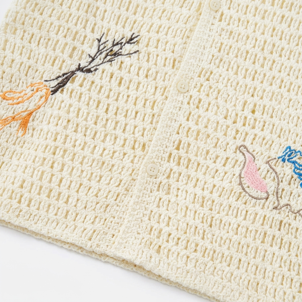 Polo crocheté homme — broderie botanique — style resort estival