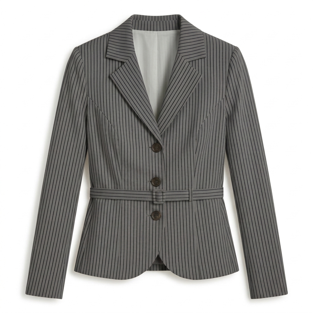 Blazer en Polyester Femme – Rayures et Ceinture Coupe Ajustée Élégante