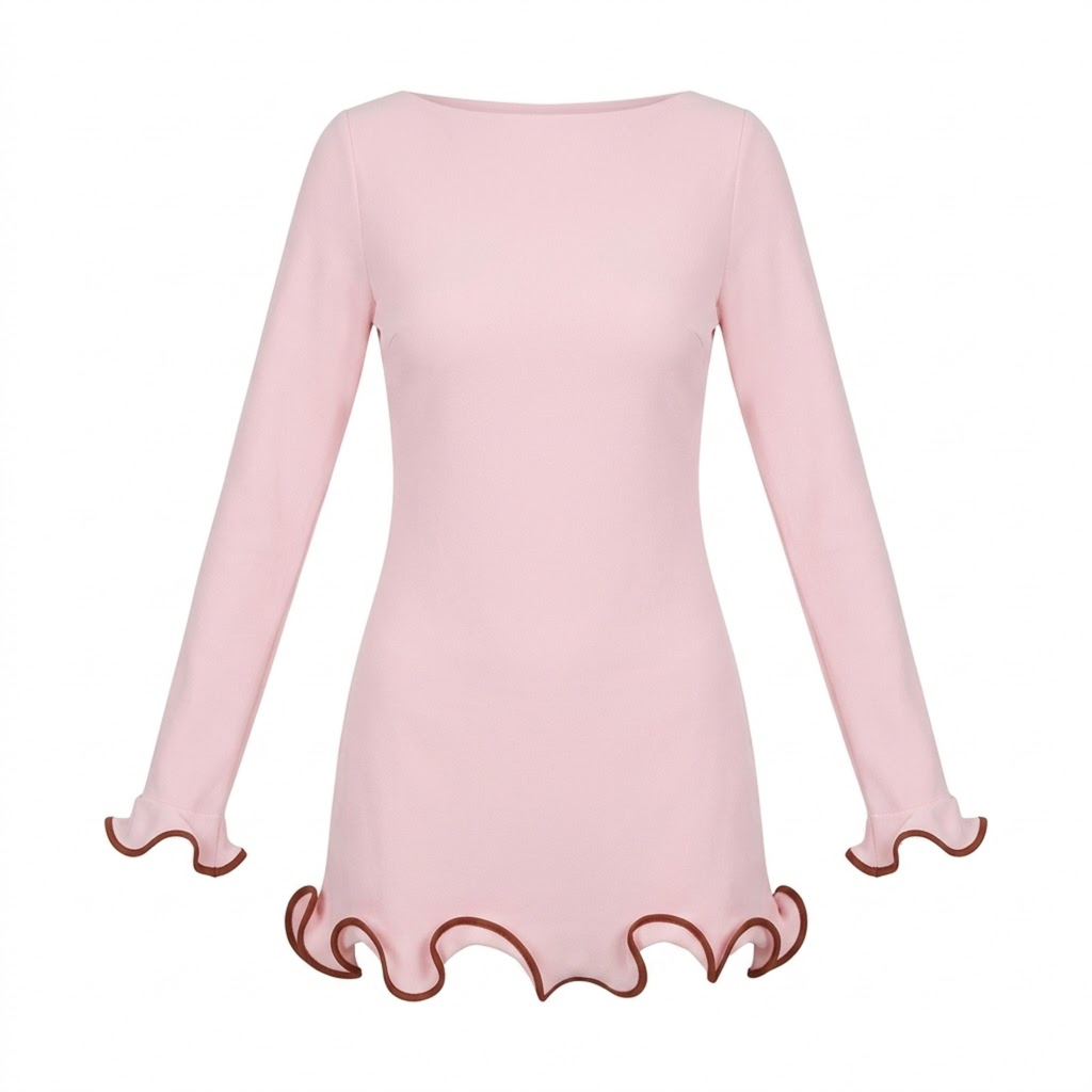 Robe Courte Moulante à Manches Longues avec Ourlet à Volants Contrastés