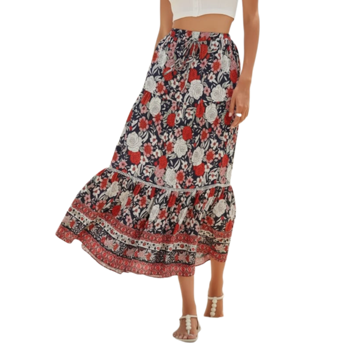 Jupe maxi longue fleurie — taille haute à lacets — tenue de plage