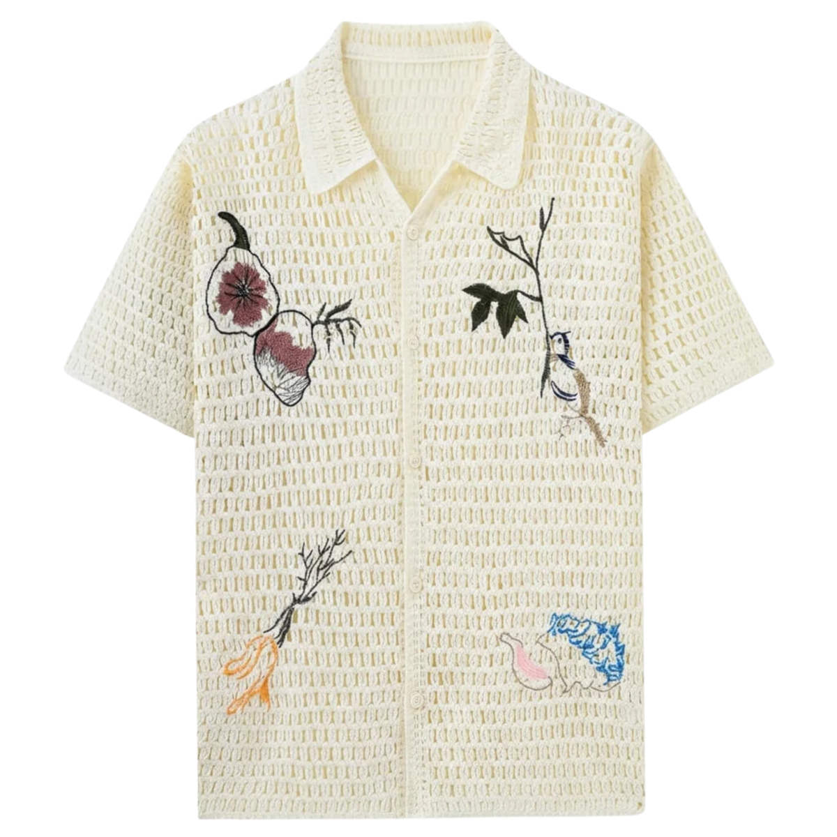 Polo crocheté homme — broderie botanique — style resort estival