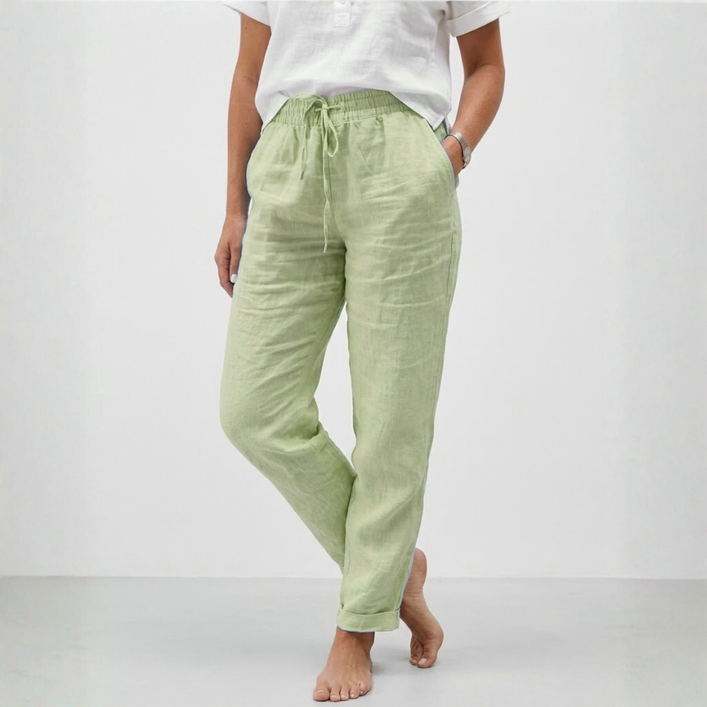 Pantalon en Coton et Lin à Taille Haute Élastique et Coupe Décontractée pour Femme
