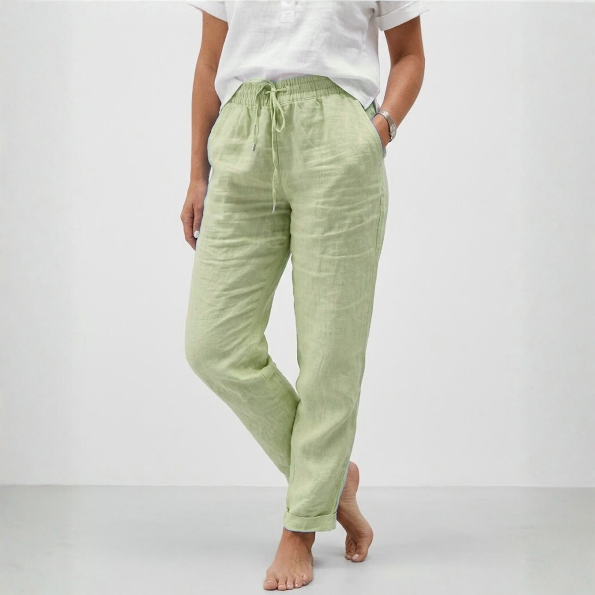 Pantalon en Coton et Lin à Taille Haute Élastique et Coupe Décontractée pour Femme