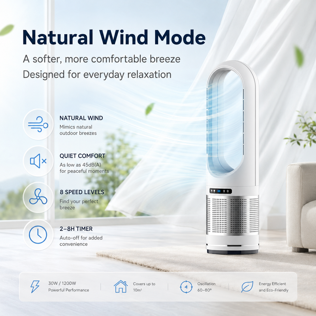 Vertical Bladeless Fan with Remote Control, Oscillation, and Timer