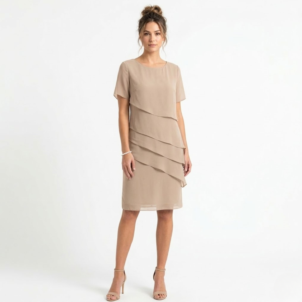 Robe de Soirée Élégante en Mousseline à Volants Superposés et Col Rond