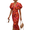 Robe longue imprimée — col en v et manches volume — fête
