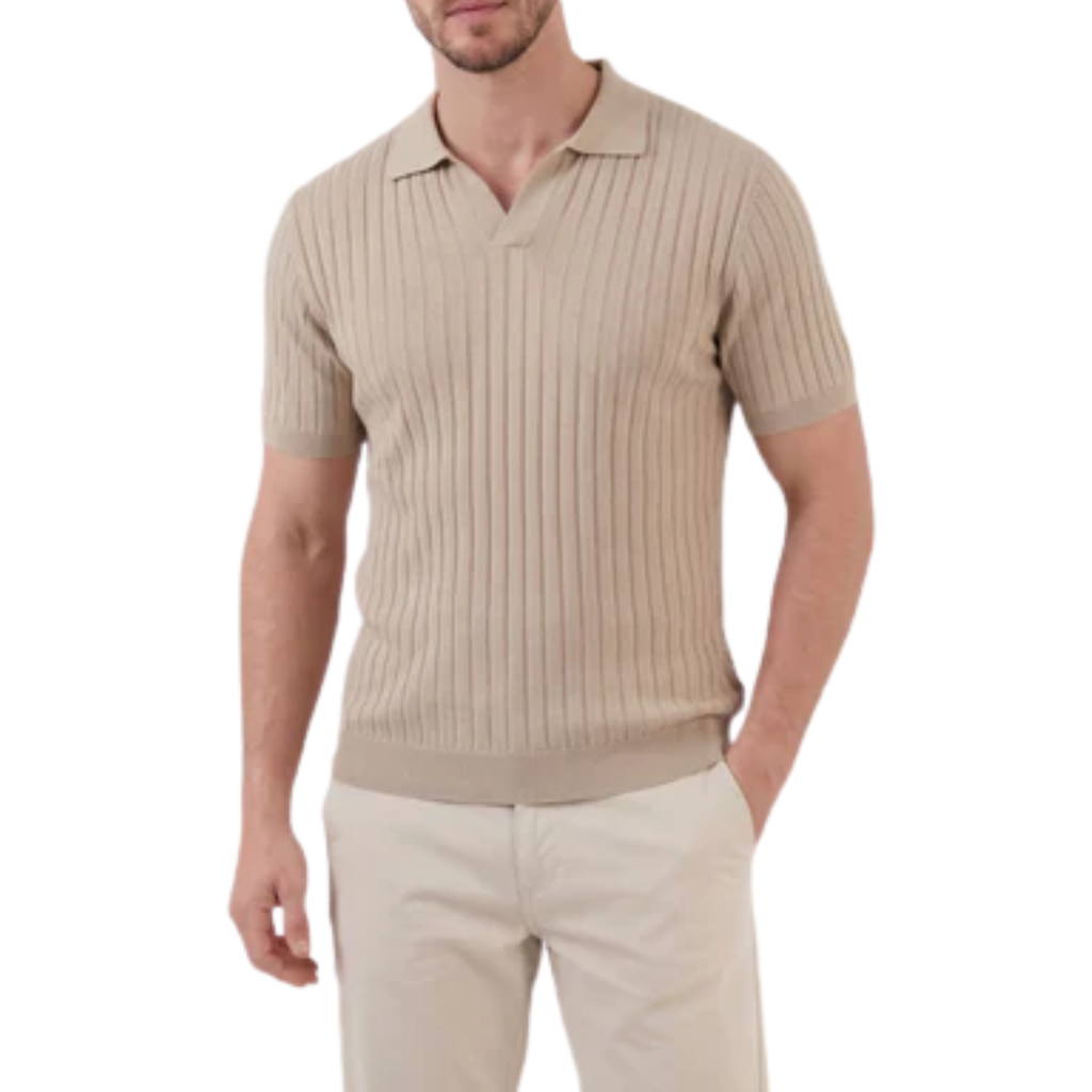 Polo homme en maille côtelée avec col en v et manches courtes — détente