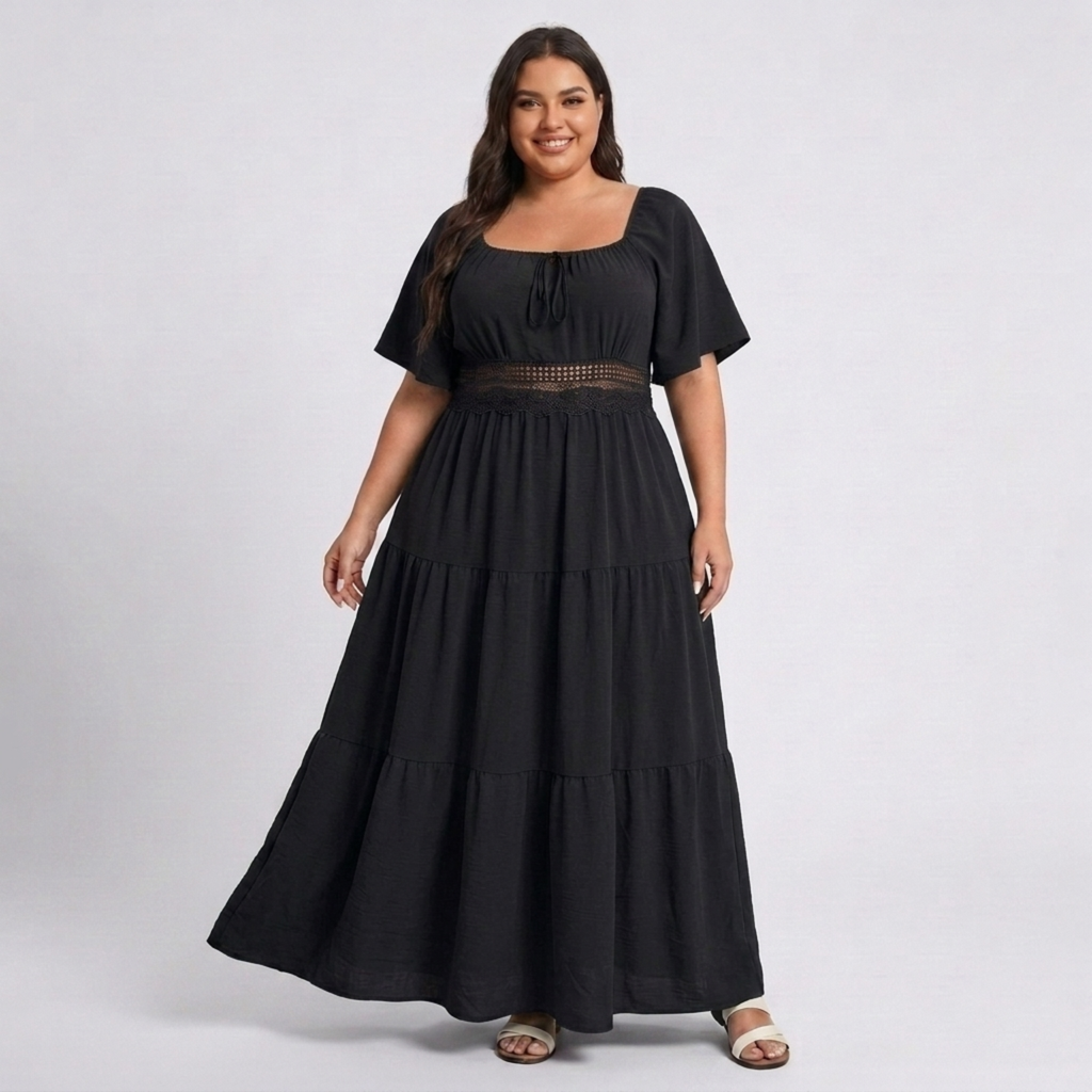 Robe longue grande taille imprimée champêtre à col carré et manches papillon