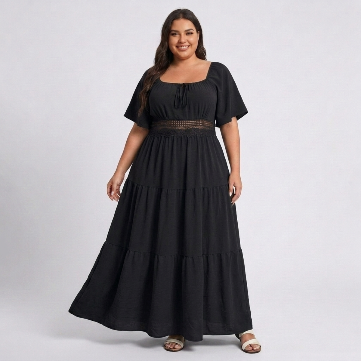 Robe longue grande taille imprimée champêtre à col carré et manches papillon