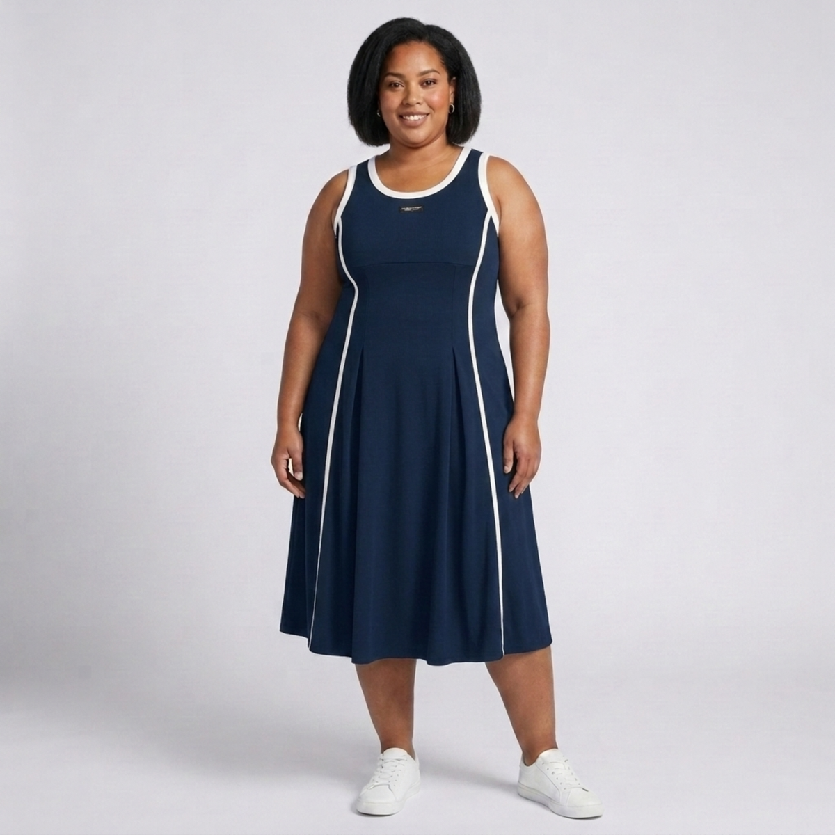 Robe longue grande taille pour femme coupe trapèze sans manches à col rond