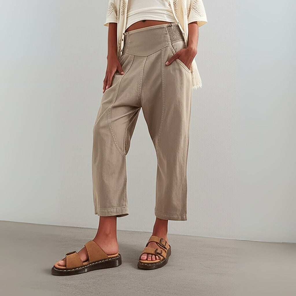 Pantalon en Coton et Lin Femme – Jambe Large et Ceinture Élastique