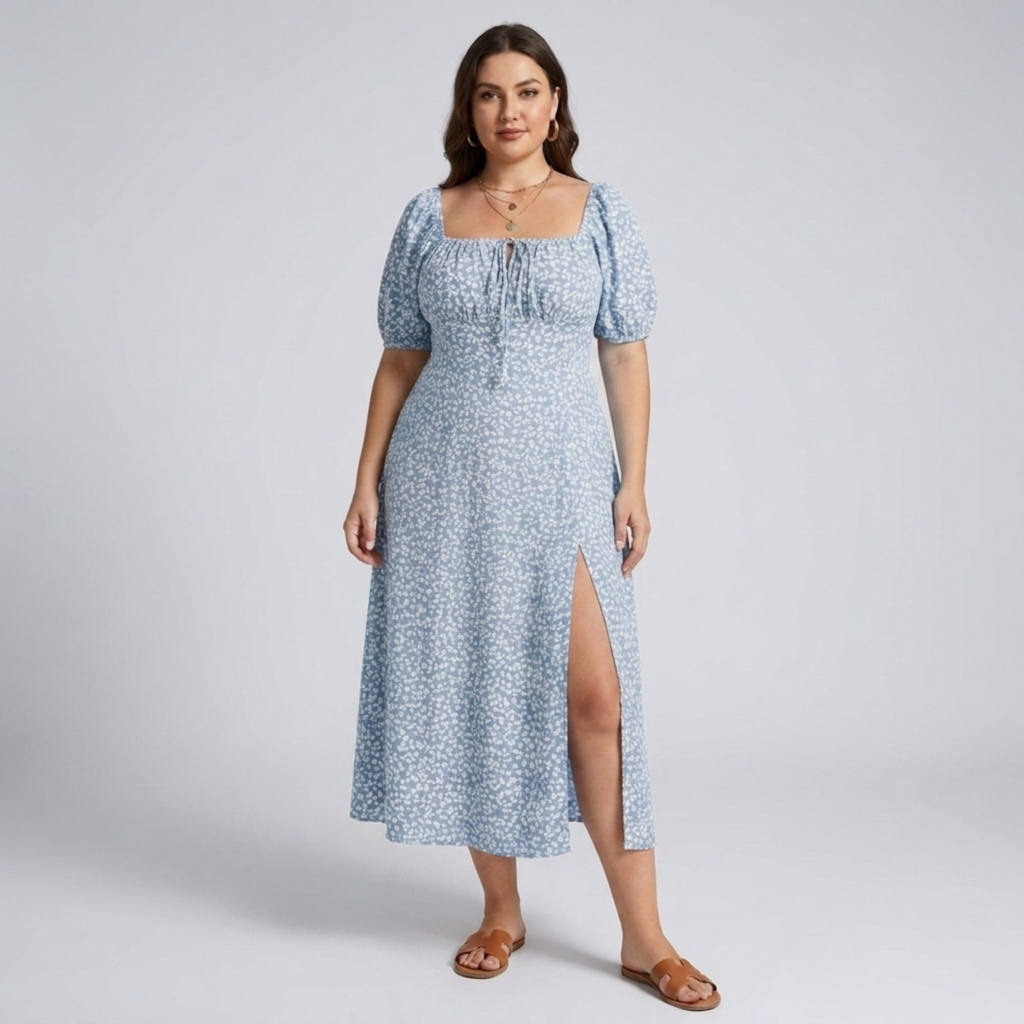 Robe longue grande taille à manches bouffantes imprimée