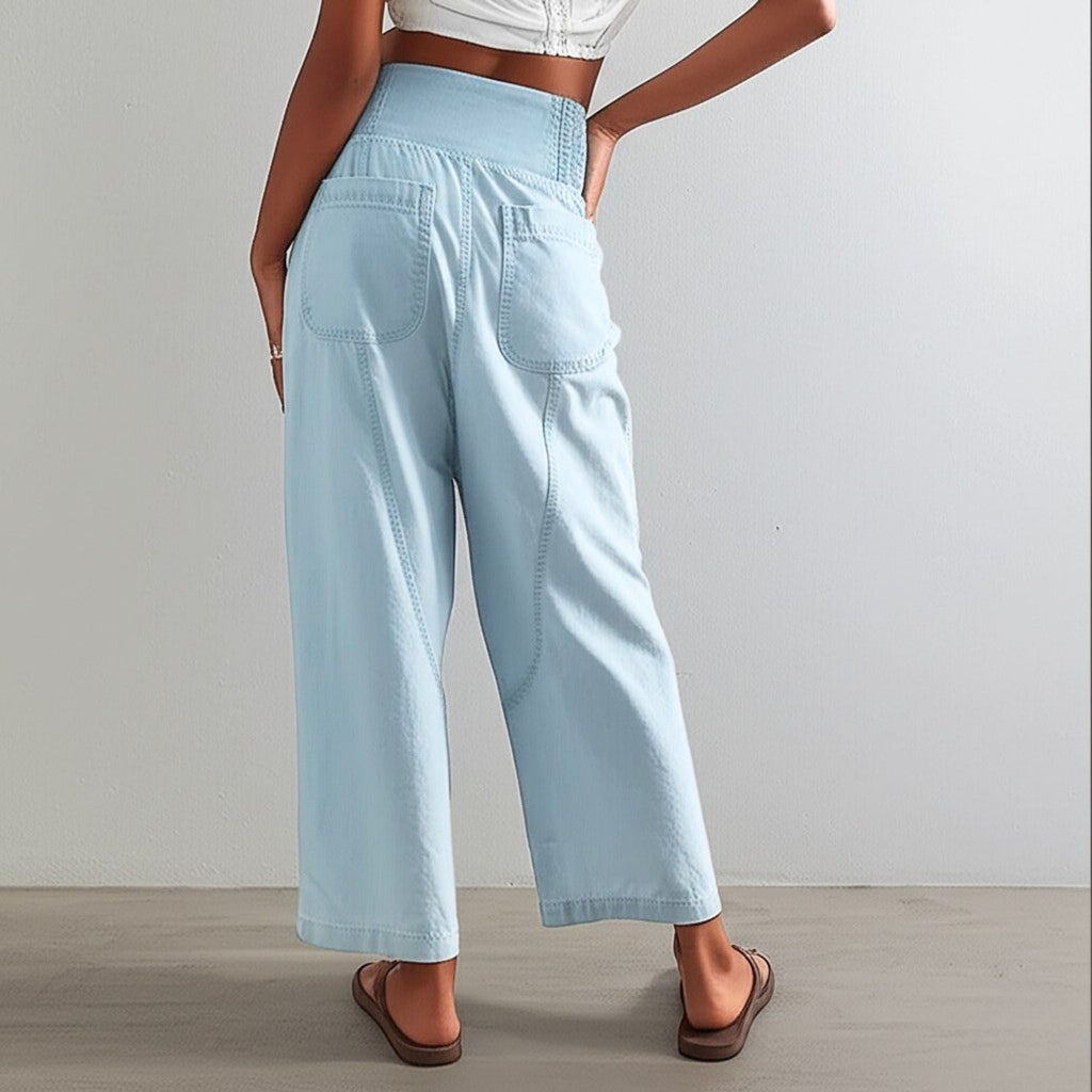 Pantalon en Coton et Lin Femme – Jambe Large et Ceinture Élastique