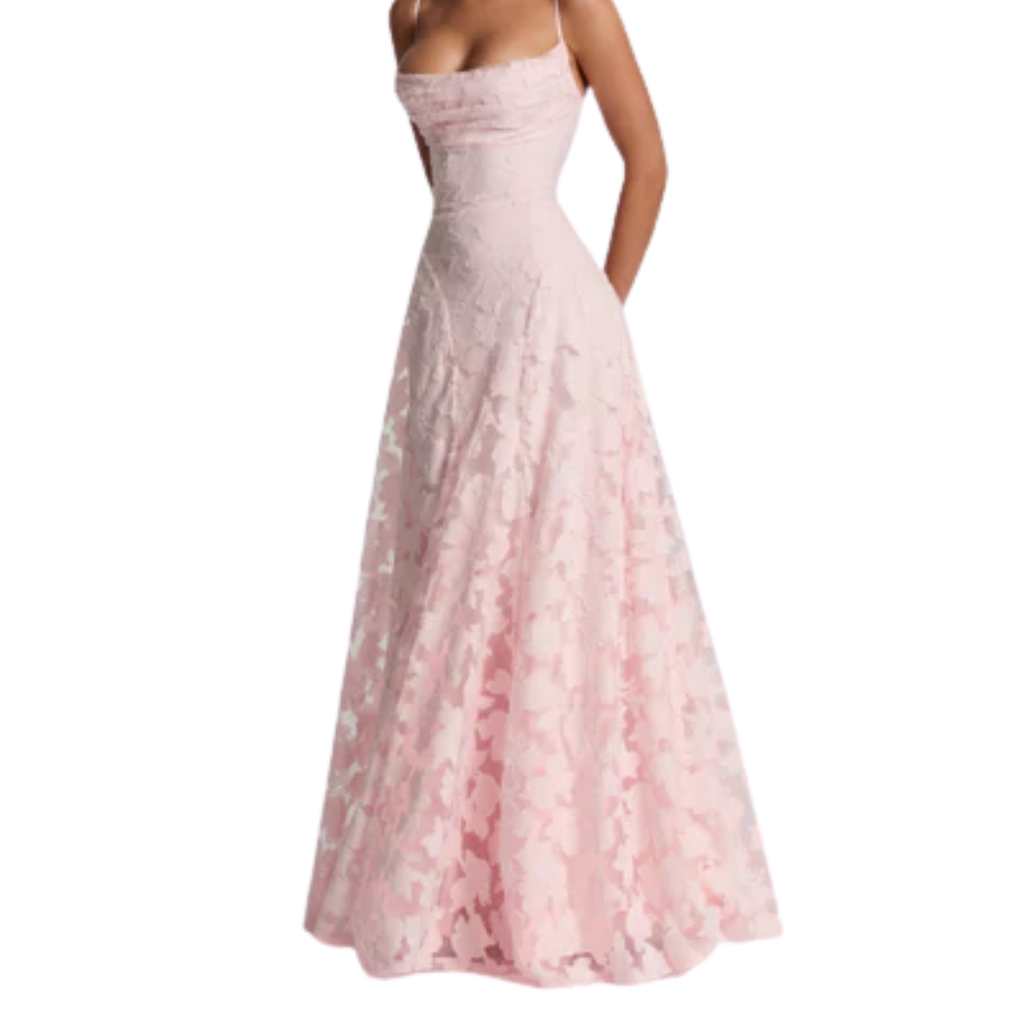 Robe longue femme — dos nu à lacets et jersey dévoré floral | soirée romantique