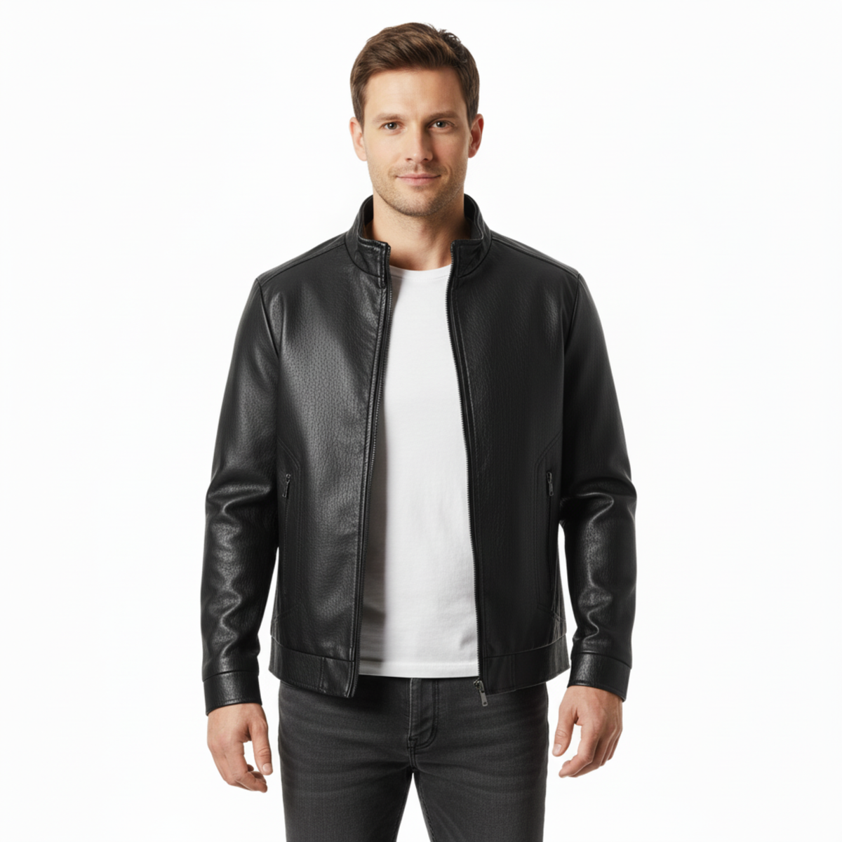 Veste en Cuir Italien pour Homme avec Fermeture Éclair et Poignets Nervurés