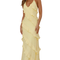 Robe longue à étages femme — col licou V pour soirée et fête — vacances
