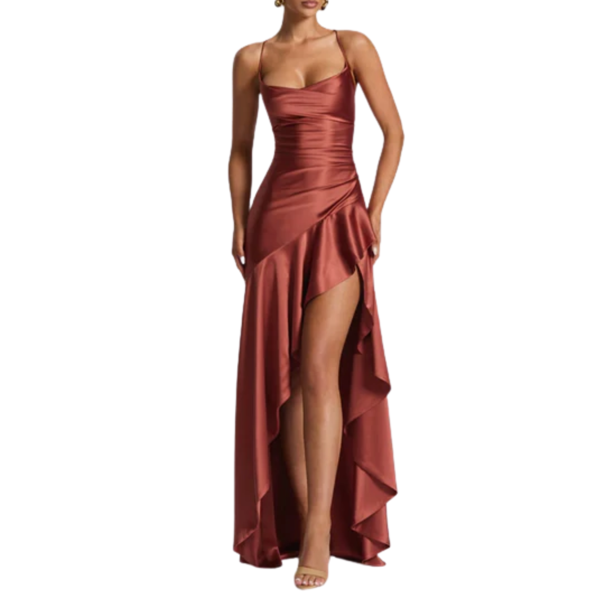 Robe longue femme — satin à ourlet asymétrique et volants | soirée chic