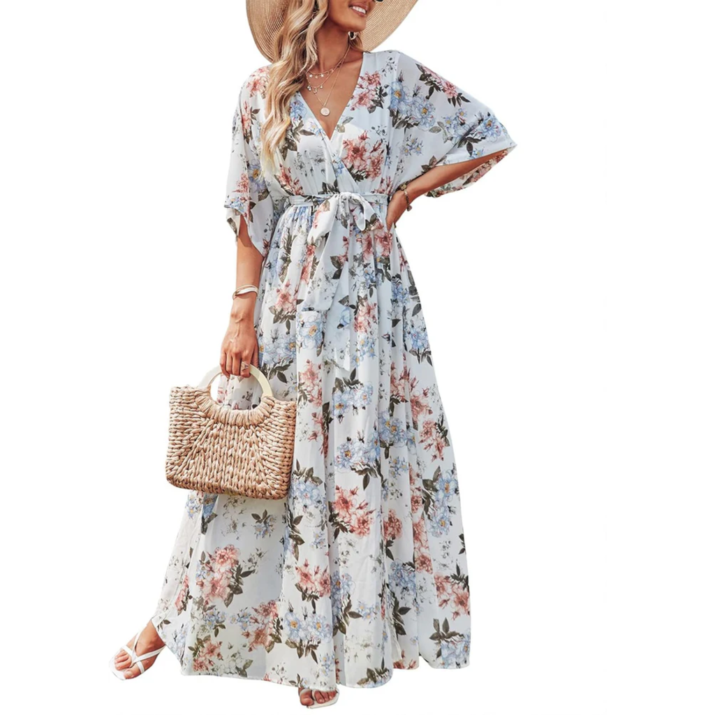 Robe maxi kimono à fleurs — style bohème — vacances d'été