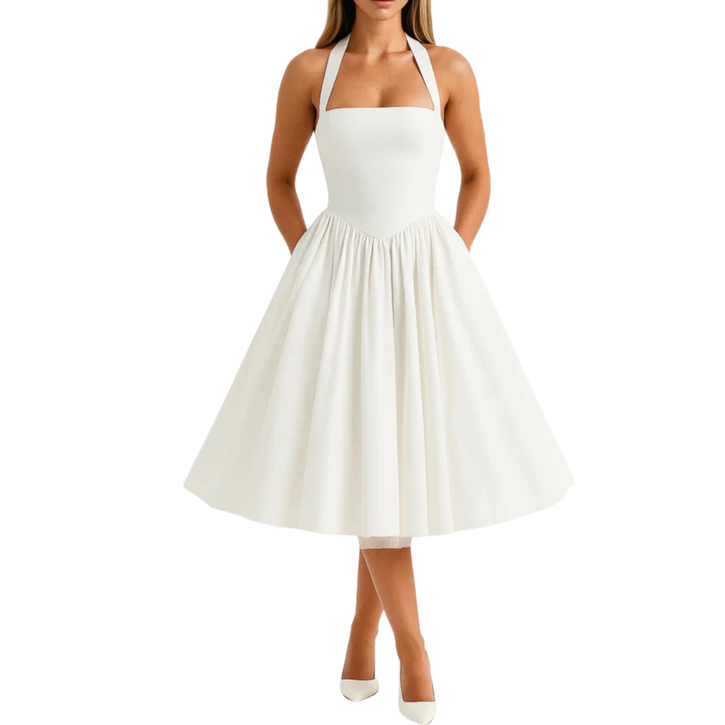 Robe midi femme halter — dos nu et jupe ample — mariage et cérémonie