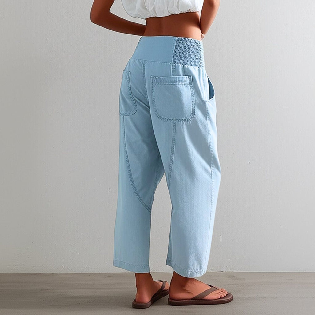 Pantalon en Coton et Lin Femme – Jambe Large et Ceinture Élastique