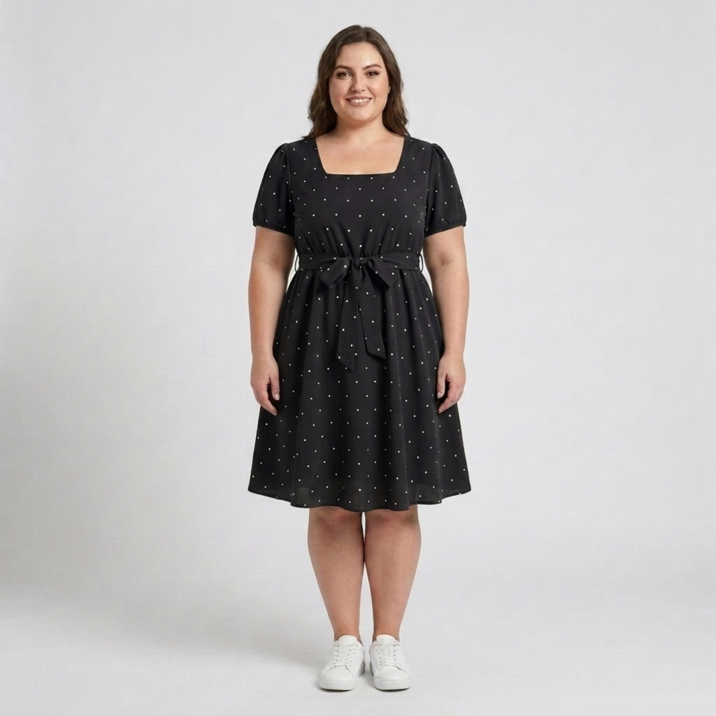 Robe patineuse grande taille pour femme à pois avec col carré et manches bouffantes