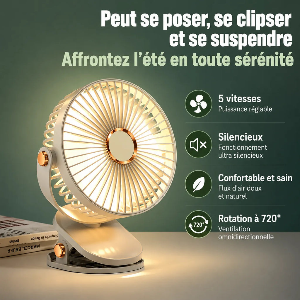 Rechargeable Cordless Clip-On Fan with LED and 8000 mAh Battery