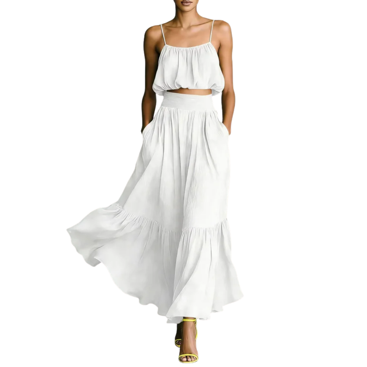 Ensemble crop top pour femmes et jupe longue — silhouette fluide — plage