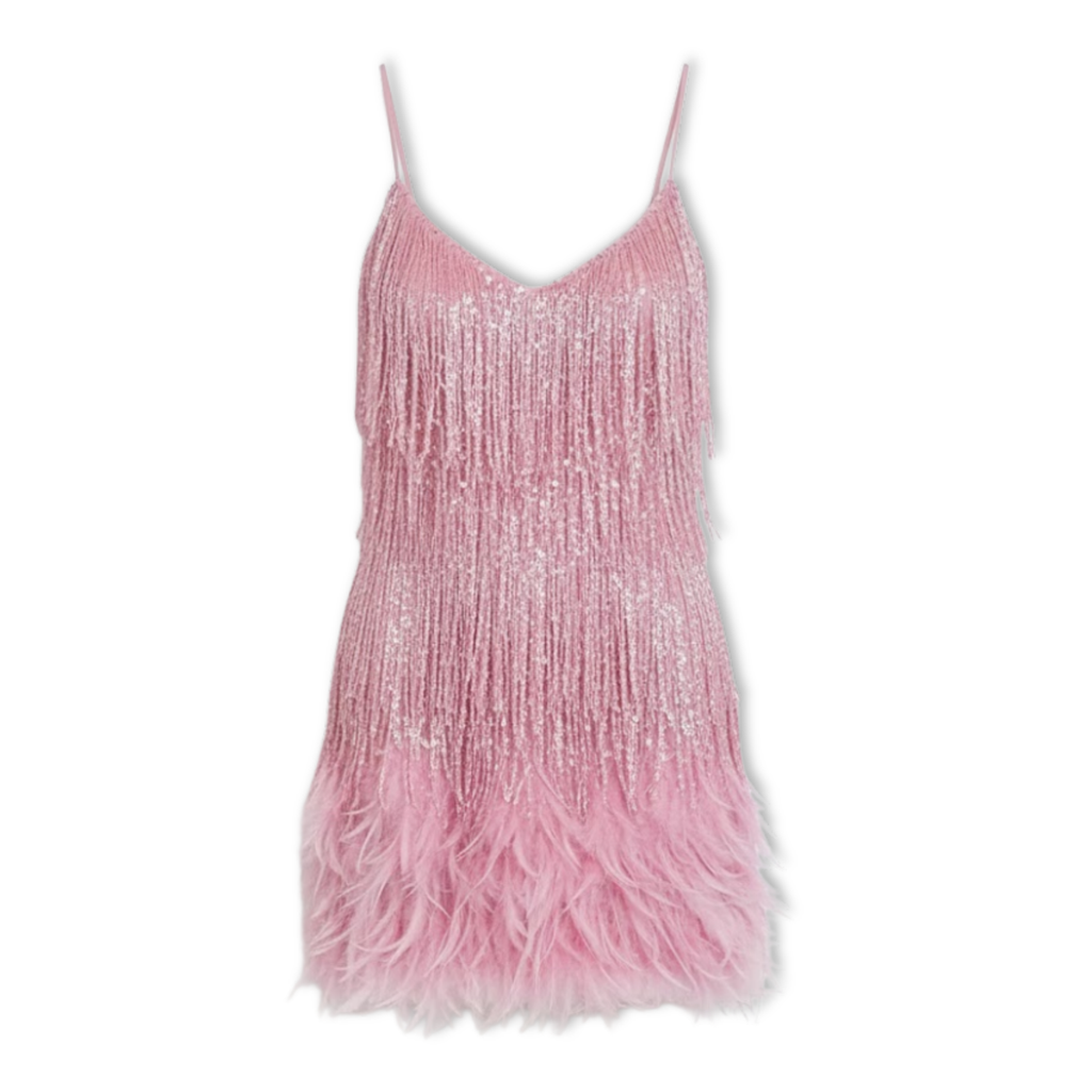 Robe de soirée à paillettes et plumes avec encolure en V et fines bretelles