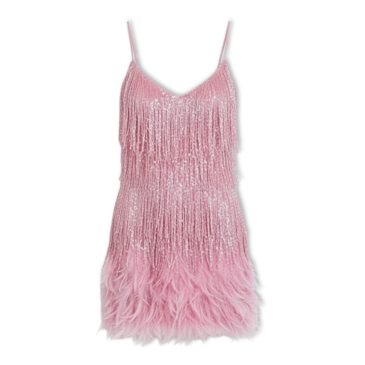 Robe de soirée à paillettes et plumes avec encolure en V et fines bretelles